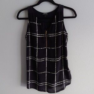 Express Womens Tank Top XS V Neck Zip Front False Pockets Black with White Lines